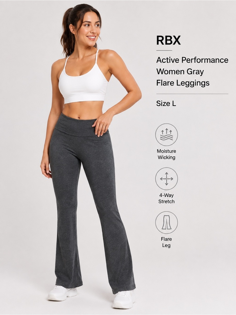 RBX active performance women gray flare leggings /sporty workout yoga size L